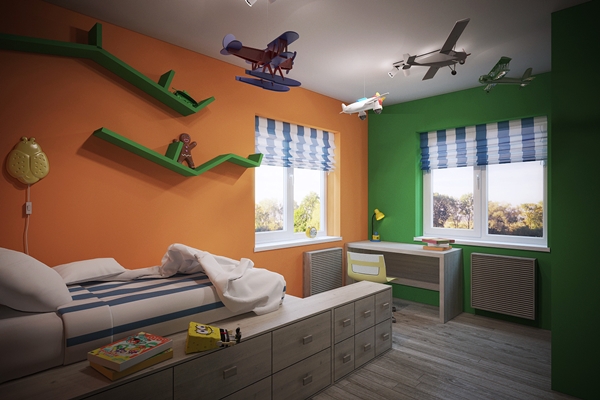 ห้องนอนเด็กสีส้ม-เขียว เตียงบันไดเล่นระดับ