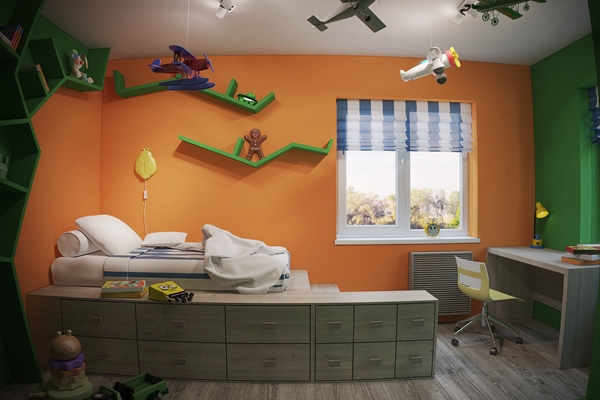 ห้องนอนเด็กสีส้ม-เขียว เตียงบันไดเล่นระดับ