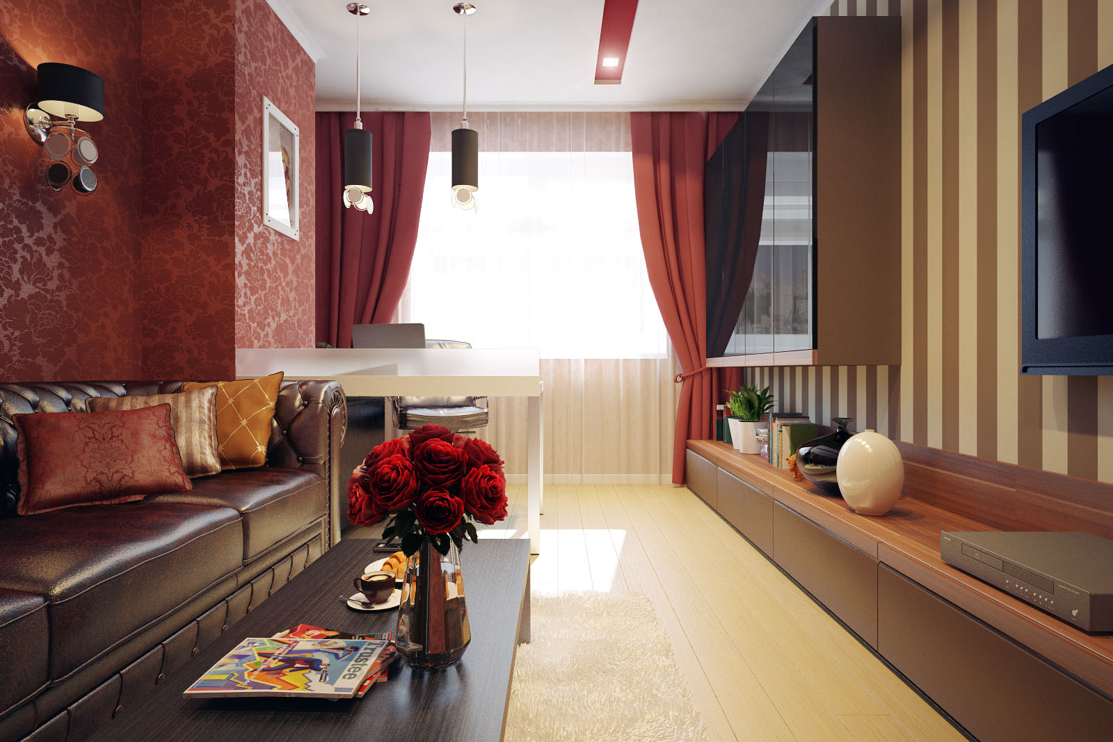 ห้องรับแขกสีแดง โดดเด่นด้วยโซฟาหนังและวอลเปเปอร์