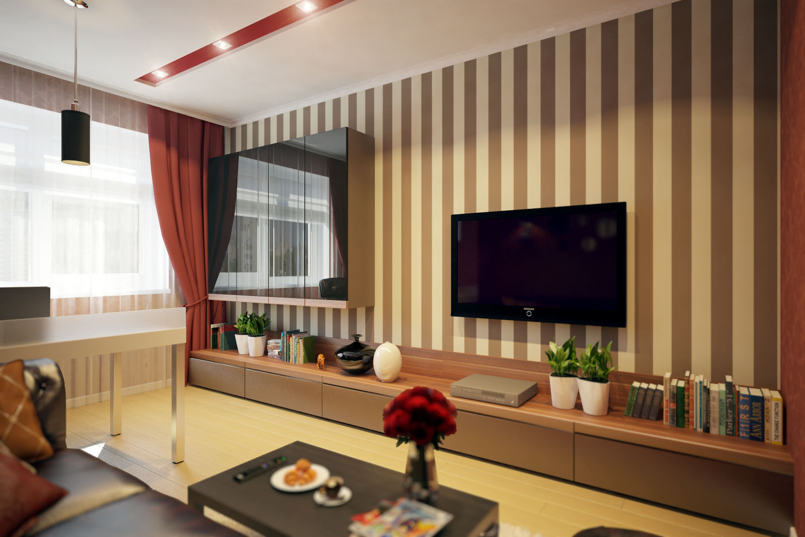 ห้องรับแขกสีแดง โดดเด่นด้วยโซฟาหนังและวอลเปเปอร์