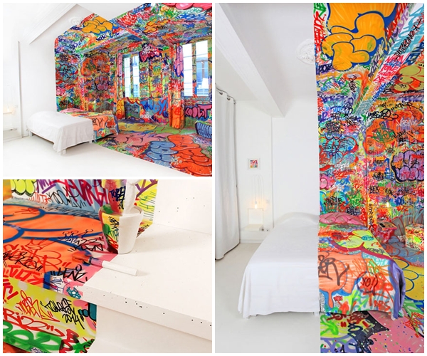 วิถีกราฟฟิตี้บนพื้นห้องสีขาว ความแตกต่างที่ลงตัว