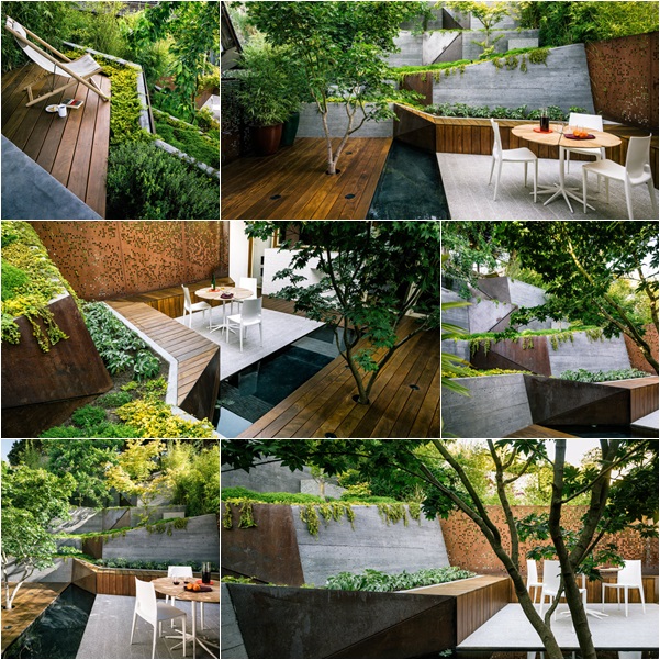 สวนแนวตั้งบนผนังคอนกรีต พร้อมมุมนั่งเล่นสไตล์ญี่ปุ่น