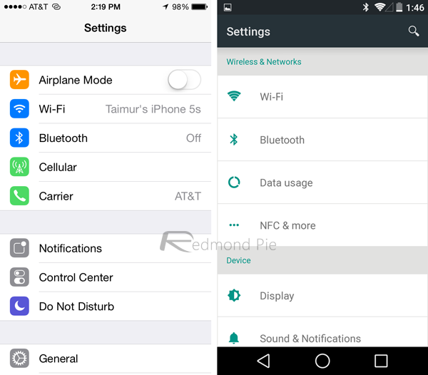 Apple Settings Android เปรียบเทียบอินเทอร์เฟซ iOS 8 Beta กับ Android L ตัวไหนน่าใช้กว่ากัน