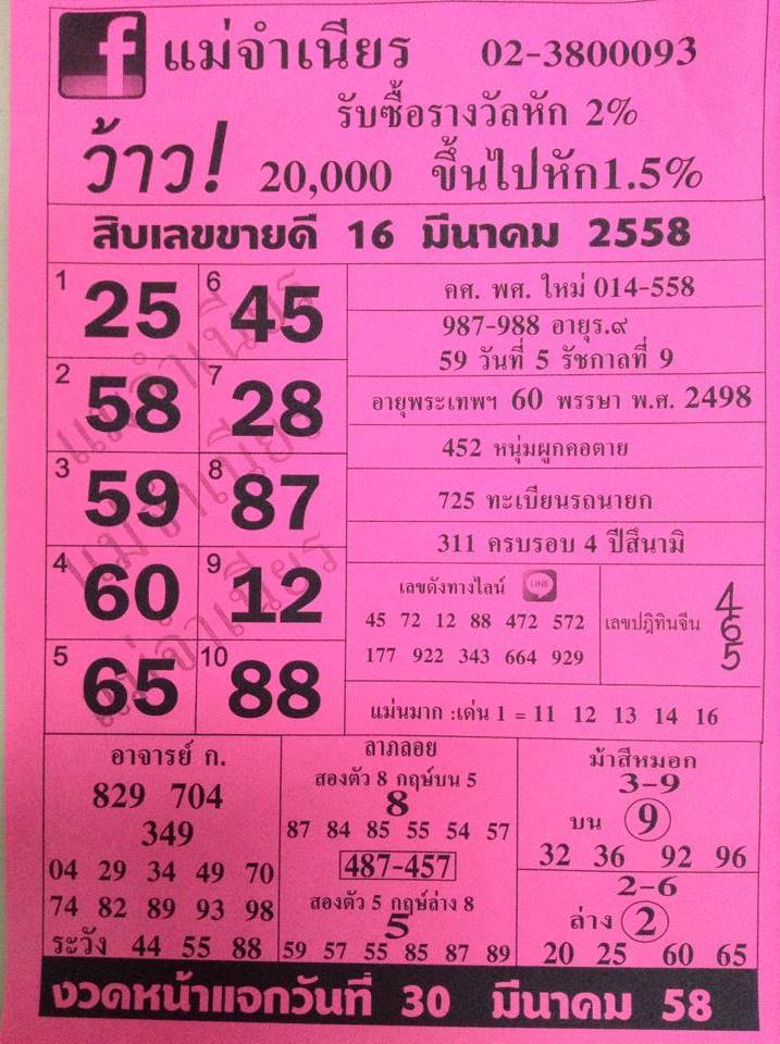 หวยแม่จำเนียร 16/03/58