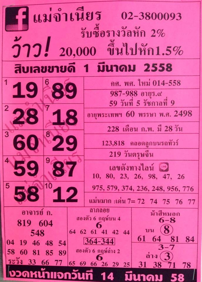หวยแม่จําเนียร 1/03/58