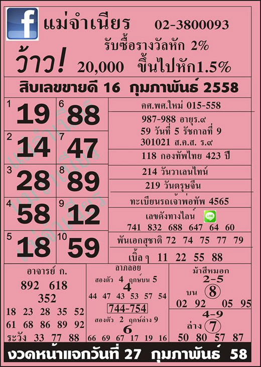 หวยแม่จำเนียร 16/02/58