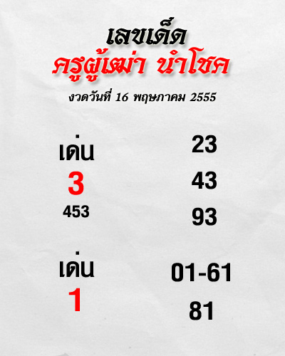 เลขเด็ดอาจารย์ดัง สำนักต่าง ๆ งวด 16 พ.ค. 55