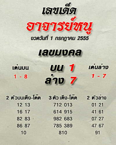 เลขเด็ดงวดนี้ เลขเด็ดอาจารย์หนู 1 กรกฎาคม 2555