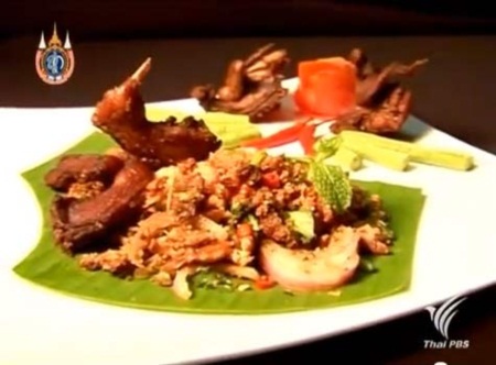 ลาบนกกระทาทอด